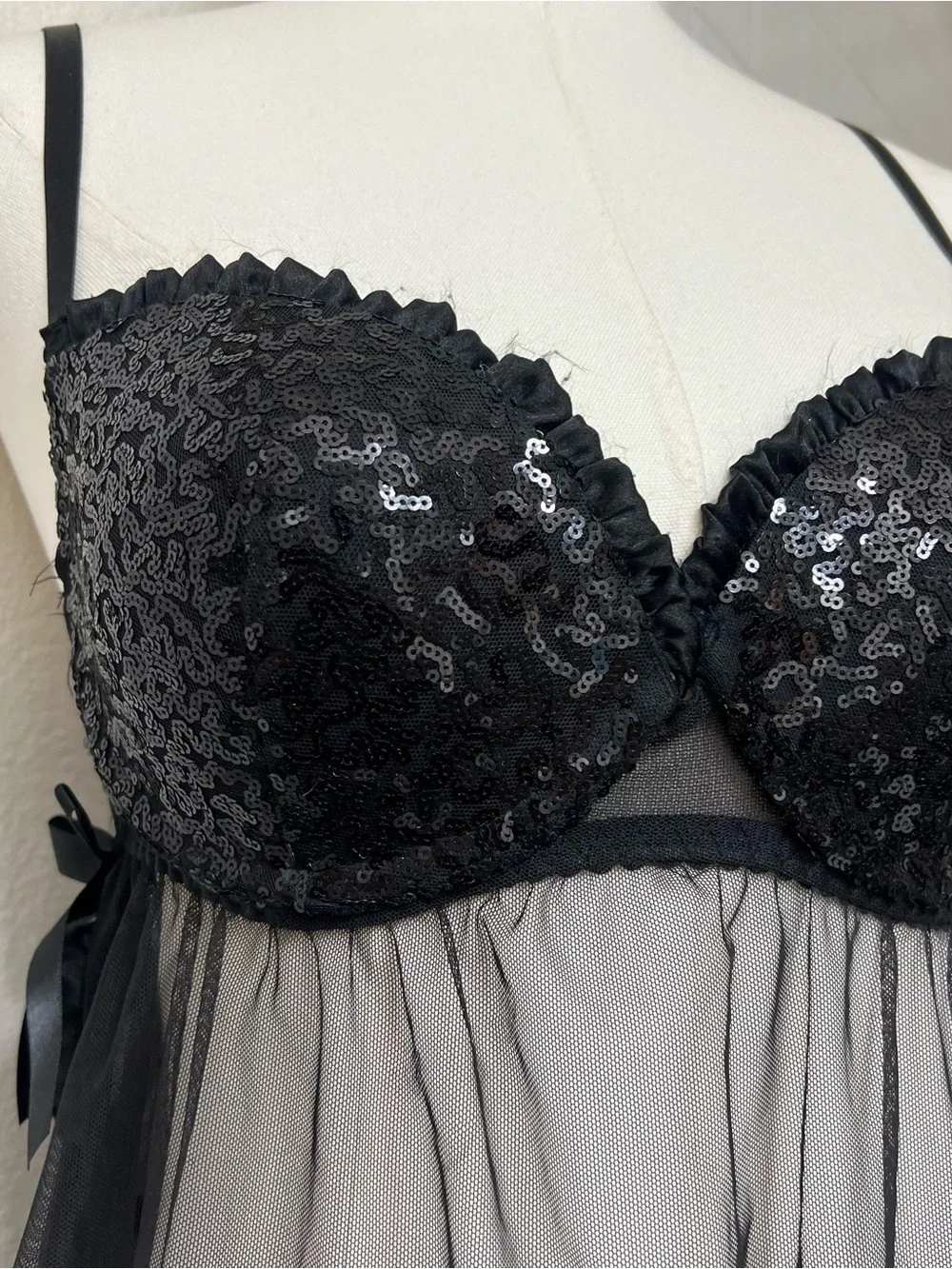 Victoria’s Secret sexy little things black sequins sheer babydoll lingerie slip